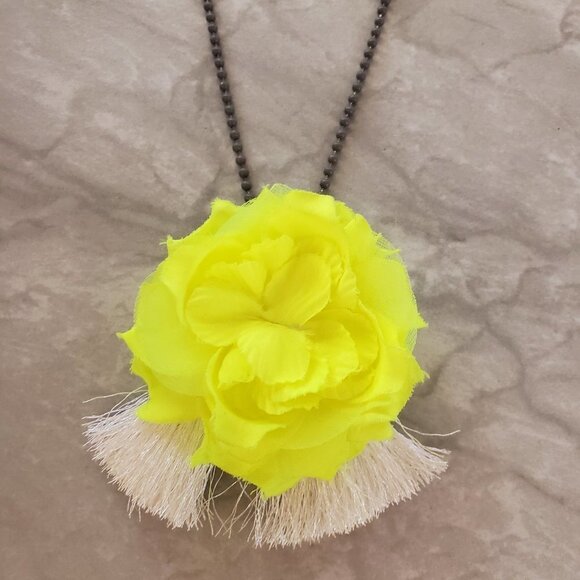 ✨ CrewCuts Bright Yellow Fabric Flower Iridescent Tassles Enamel Chain Pendant - Picture 3 of 11